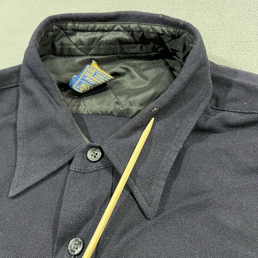 1950s Pendleton Trail Shirt Men 16.5 Navy Blue Virgin Wool Elbow Patches Pockets - Picture 5 of 16